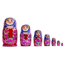 Load image into Gallery viewer, Set of 7 Blue Scarf Red Dress  Nesting Dolls 8.5 Inches