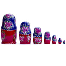 Load image into Gallery viewer, Set of 7 Blue Scarf Red Dress  Nesting Dolls 8.5 Inches