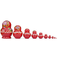 Load image into Gallery viewer, Set of 10 Red Bouquet of Flowers  Nesting Dolls 6 Inches