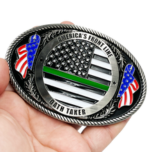 Load image into Gallery viewer, EL3-007 Border Patrol Agent Deputy Sheriff Army Marines CBP Police Officer Antique Nickel Thin Green Line Police American Flag Belt Buckle America's Front Line Oath Taker BPA Border Patrol Agent