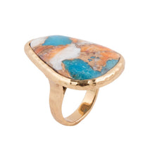 Load image into Gallery viewer, Orange Spiny Oyster and Blue Turquoise Matrix Abstract Golden Ring