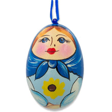 Load image into Gallery viewer, Nesting Doll  Blue Scarf Wooden Egg Ornament 3 Inches