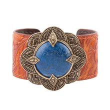Load image into Gallery viewer, Ornate Blue Lapis Golden Leather Cuff Bracelet