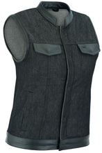 Load image into Gallery viewer, Women's Rough Rub-Off Raw Finish Denim Vest W/Leather Trim