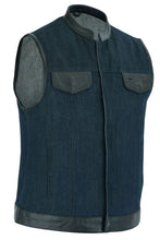 Load image into Gallery viewer, Women's Broken Blue Rough Rub-Off Raw Finish Denim Vest W/Leath
