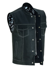 Load image into Gallery viewer, Men's Paisley Black Leather Motorcycle Vest with White Stitching