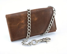 Load image into Gallery viewer, BWC234 BROWN LONG TRI-FOLD BIKER LEATHER CHAIN WALLET