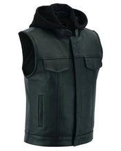 Load image into Gallery viewer, Men's Black Leather Motorcycle Vest with Removable Hood