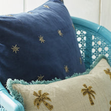 Load image into Gallery viewer, Embroidered star pillow, navy cotton velvet