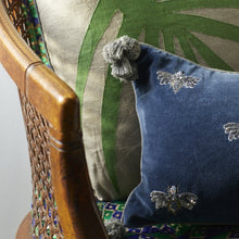 Load image into Gallery viewer, Embroidered pretty bug pillow, slate blue cotton velvet