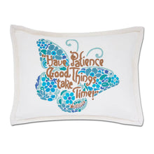Load image into Gallery viewer, Patience Butterfly Love Letters Hand-Embroidered Pillow - Available in Pink or Blue by CatStudio