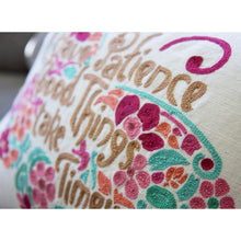 Load image into Gallery viewer, Patience Butterfly Love Letters Hand-Embroidered Pillow - Available in Pink or Blue by CatStudio