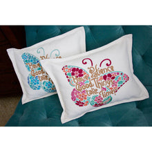 Load image into Gallery viewer, Patience Butterfly Love Letters Hand-Embroidered Pillow - Available in Pink or Blue by CatStudio