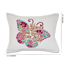 Load image into Gallery viewer, Patience Butterfly Love Letters Hand-Embroidered Pillow - Available in Pink or Blue by CatStudio