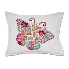 Load image into Gallery viewer, Patience Butterfly Love Letters Hand-Embroidered Pillow - Available in Pink or Blue by CatStudio