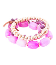 Load image into Gallery viewer, Peony Fuchsia Pink Jade Golden Stretch Bracelet Set