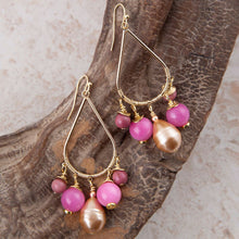 Load image into Gallery viewer, Peony Fuchsia Pink Jade Golden Drop Earrings