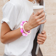 Load image into Gallery viewer, Peony Fuchsia Pink Jade Golden Stretch Bracelet Set