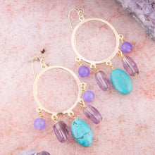 Load image into Gallery viewer, Purple Periwinkle Amethyst and Blue Magnesite Golden Chandelier Earrings