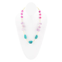 Load image into Gallery viewer, Purple Periwinkle Amethyst and Blue Turquoise Long Golden Necklace