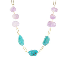 Load image into Gallery viewer, Purple Periwinkle Amethyst and Blue Turquoise Long Golden Necklace