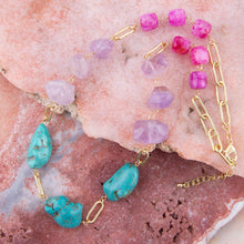 Load image into Gallery viewer, Purple Periwinkle Amethyst and Blue Turquoise Long Golden Necklace