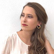 Load image into Gallery viewer, Yellow &amp; Cream Striped Marbled Lucite Pin Up Hoop Earrings