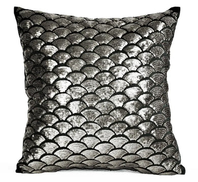 Gunmetal Sequin Sashiko Wave Pillow Cover