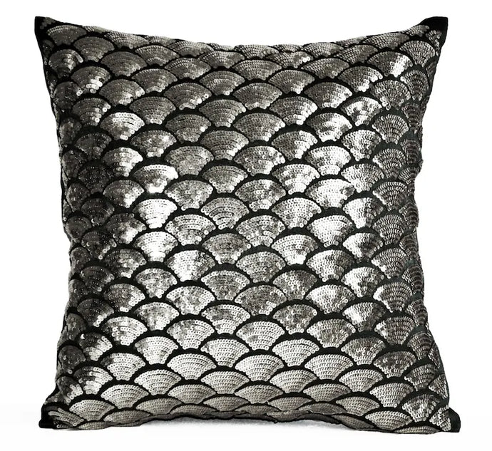 Gunmetal Sequin Sashiko Wave Pillow Cover