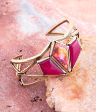 Load image into Gallery viewer, Pink Agate and Coral Matrix Golden Cuff Bracelet