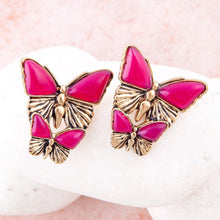 Load image into Gallery viewer, Pink Agate Golden Butterflies Post Earrings
