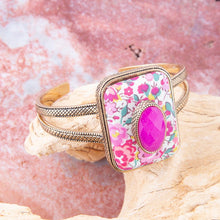 Load image into Gallery viewer, Pink Agate Stacked Stone Floral Cuff Bracelet