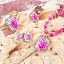 Load image into Gallery viewer, Pink Agate Stacked Stone Floral Cuff Bracelet