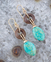 Load image into Gallery viewer, Precious Green Turquoise and Wood Golden Bronze Drop Earrings