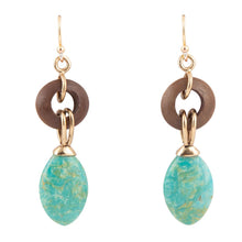 Load image into Gallery viewer, Precious Green Turquoise and Wood Golden Bronze Drop Earrings