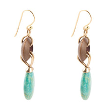 Load image into Gallery viewer, Precious Green Turquoise and Wood Golden Bronze Drop Earrings
