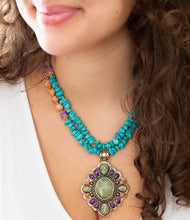 Load image into Gallery viewer, Prescott Blue Turquoise Purple and Orange Statement Pendant Golden Necklace