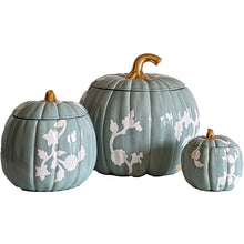 Load image into Gallery viewer, Chinoiserie Pumpkin Jars with 22K Gold Accents in Lamb's Ear Blue