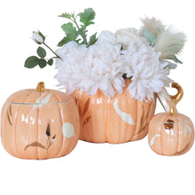Load image into Gallery viewer, Layered Leaves Pumpkin Jars with 22K Gold Accents in Sheer Orange