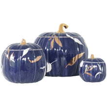 Load image into Gallery viewer, Layered Leaves Pumpkin Jars with 22K Gold Accents in Navy Blue