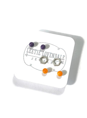 Tiny Dark Purple Amber & Frosted Silver Hexagon Geo Stud Earrings Set