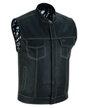 Load image into Gallery viewer, Men's Paisley Black Leather Motorcycle Vest with White Stitching