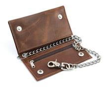 Load image into Gallery viewer, BWC234 BROWN LONG TRI-FOLD BIKER LEATHER CHAIN WALLET