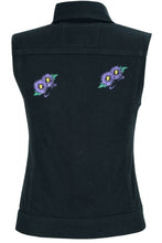 Load image into Gallery viewer, Women's Black Denim Snap Front Vest with Purple Daisy
