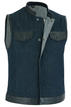 Load image into Gallery viewer, Women's Broken Blue Rough Rub-Off Raw Finish Denim Vest W/Leath