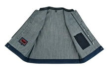 Load image into Gallery viewer, Women's Broken Blue Rough Rub-Off Raw Finish Denim Vest W/Leath