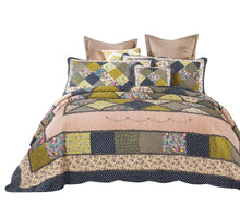 Load image into Gallery viewer, Tache Spring Shower Olive Green Navy Blue Floral Scalloped Cotton Patchwork Quilt Set (DXJ10077)