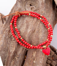 Load image into Gallery viewer, Red Coral Hart Golden Stretch Bracelet Set
