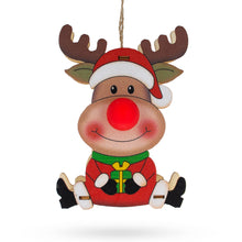 Load image into Gallery viewer, Wooden Reindeer with Present Christmas Ornament with Light Up Nose Cutout