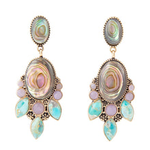 Load image into Gallery viewer, Regal Blue Abalone Mixed Stone Golden Statement Drop Earrings